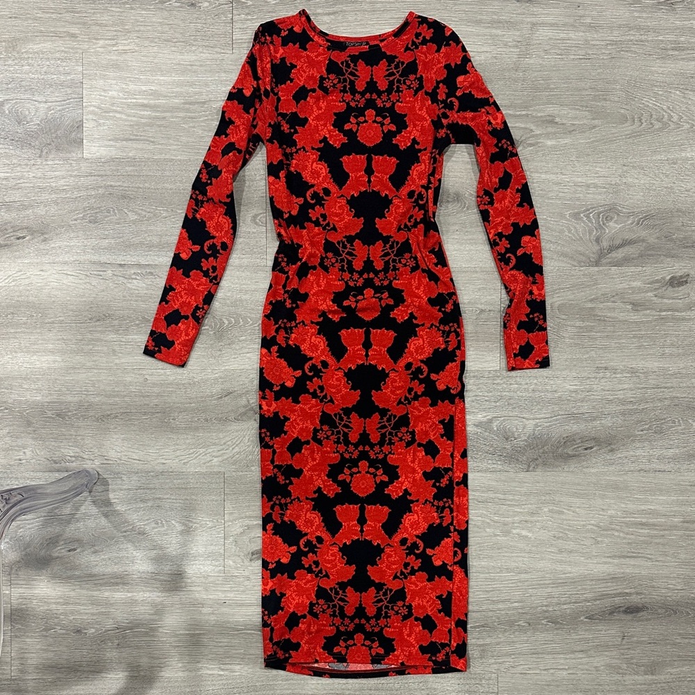 Topshop Red and Black Long Sleeve knit Dress